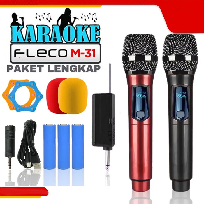 Fleco Mic Professional Wireless Microphone Double isi 2 Fleco M-31 Paket Lengkap Karaoke Fleco M-31