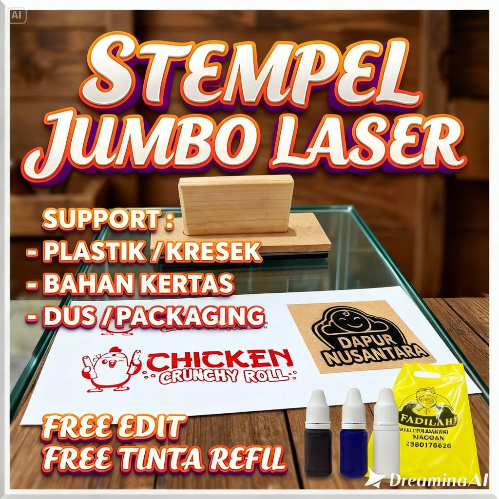 Stempel Flash Laser Custom Jumbo buat Plastik/Sterofoam/Kardus/Kemasan ukuran Besar Tinta Permanen/W