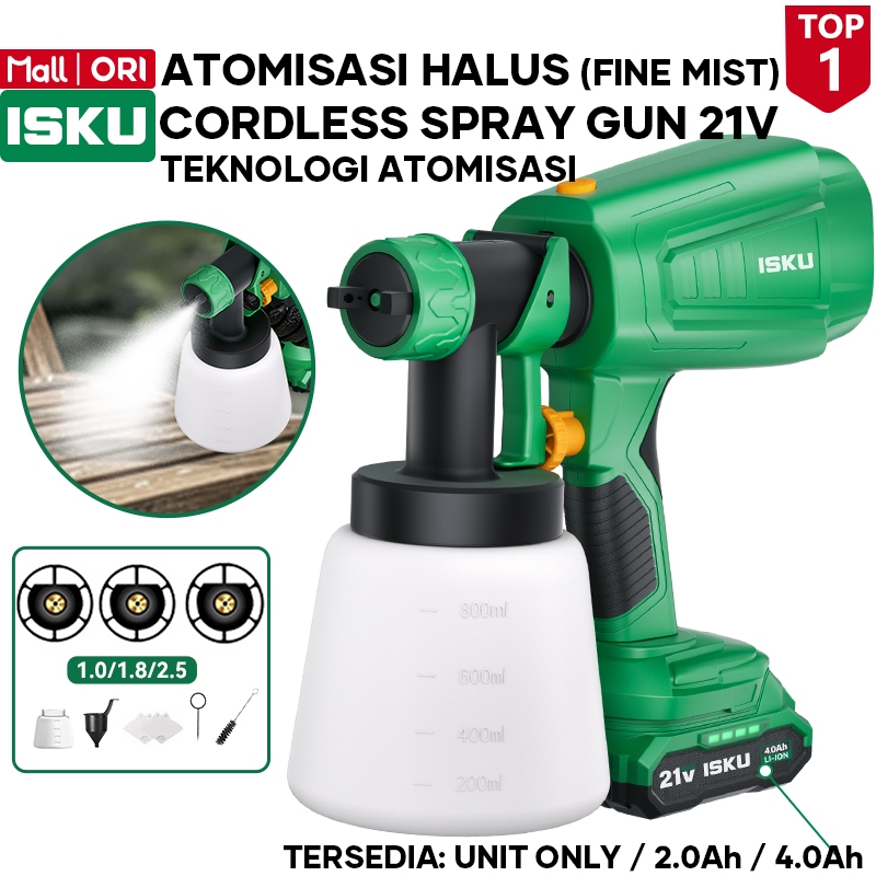 ISKU Cordless Spray Gun Cat Baterai 21V Semprotan Cat Elektrik Tembok Kayu Besi Portable High Power
