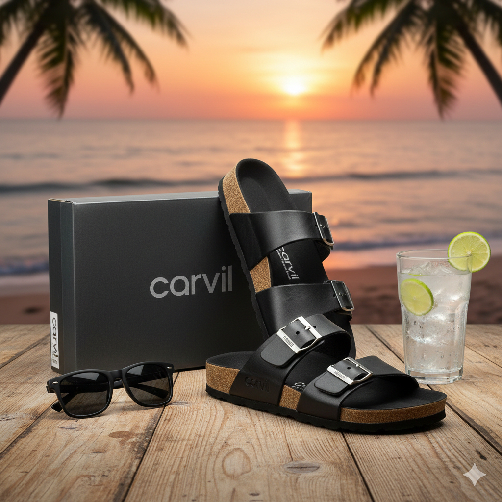 Sandal Carvil Pria Original - Sandal Pria Casual - Sendal Slide Dua Ban Gesper Cowok Traveling Hitam