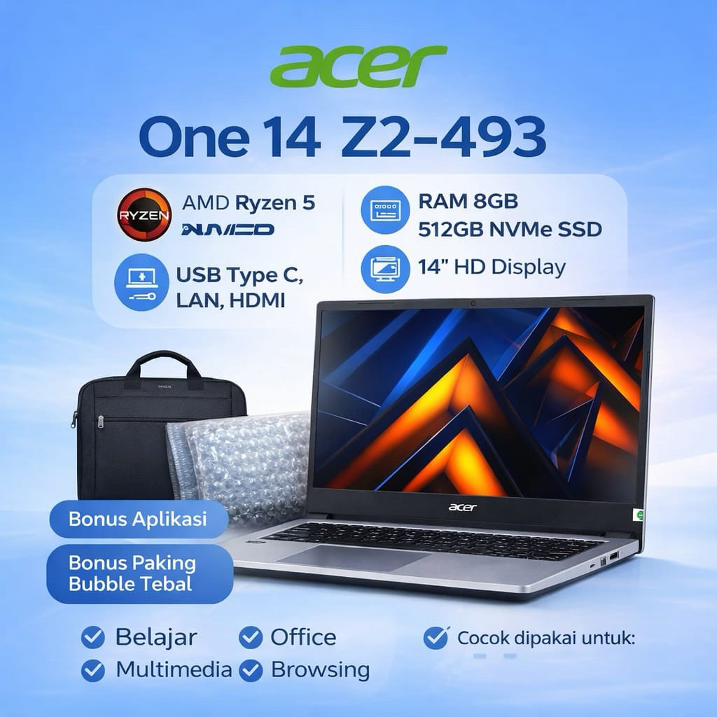 Laptop Gaming dan Editing Acer One Z2 Ryzen 3-3500U Ram 8Gb 512Gb 14”HD Windows