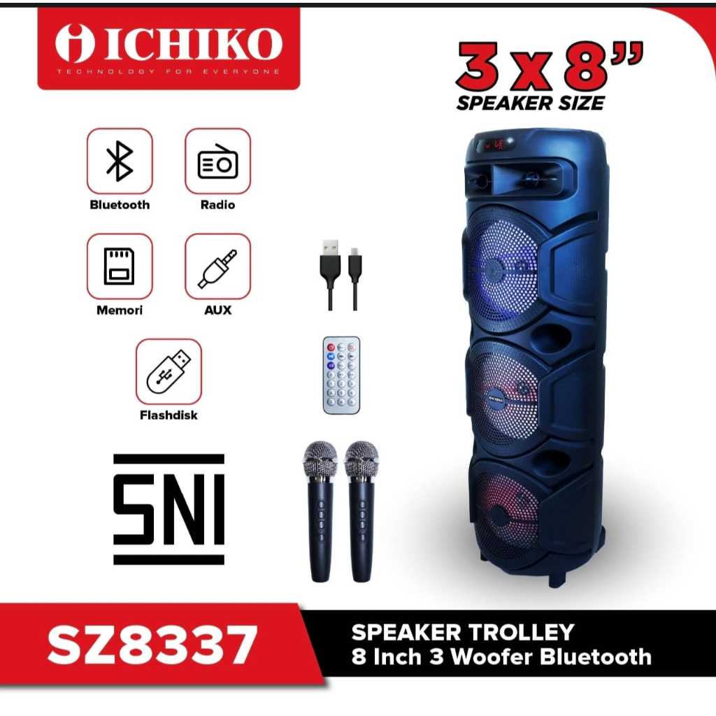 Speaker Portable Ichiko SZ-8337 Bluetooth Duet TWS 3 Woofer 8 Inch