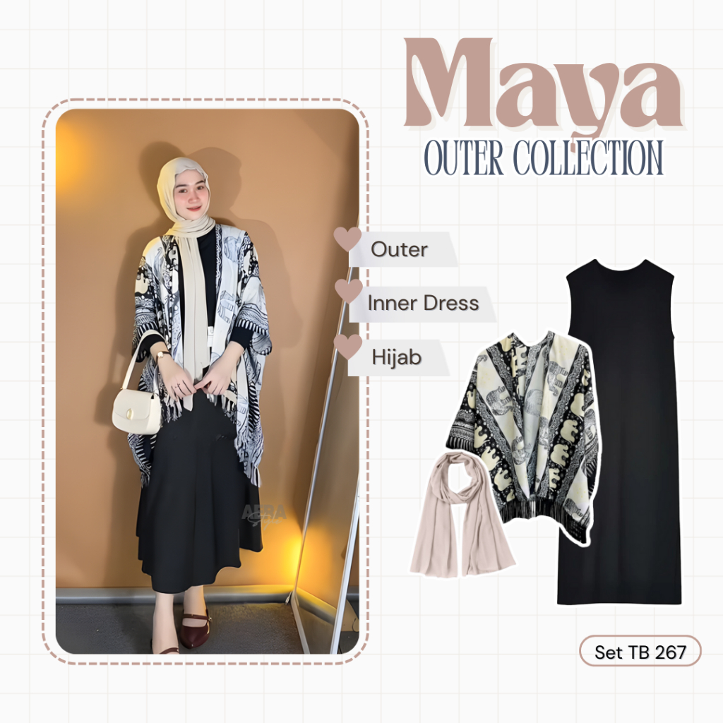Setelan Wanita Kekinian 3in1 (Outer Motif Gajah, Inner Dress, Pashmina) Outfit Pantai Aesthetic Atas