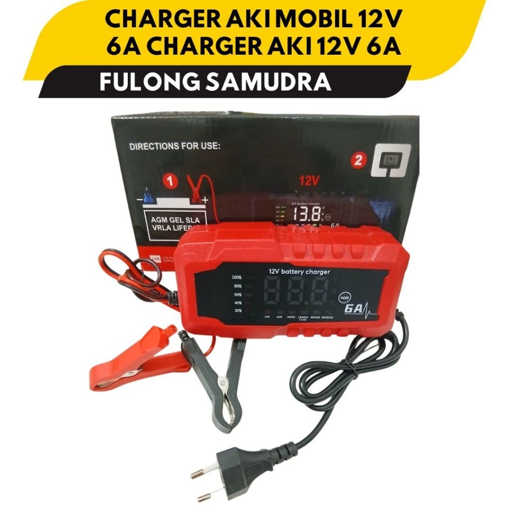 FULONG<Charger Aki Motor Charger Aki Mobil Intelligent Battery Charger Aki Mobil 12V 6A Charger Aki 