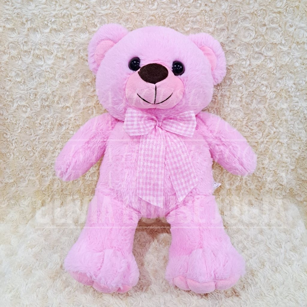 Boneka Beruang Pink Pita Kotak Kotak Kaki Panjang Boneka Sit Bear Pink Polos