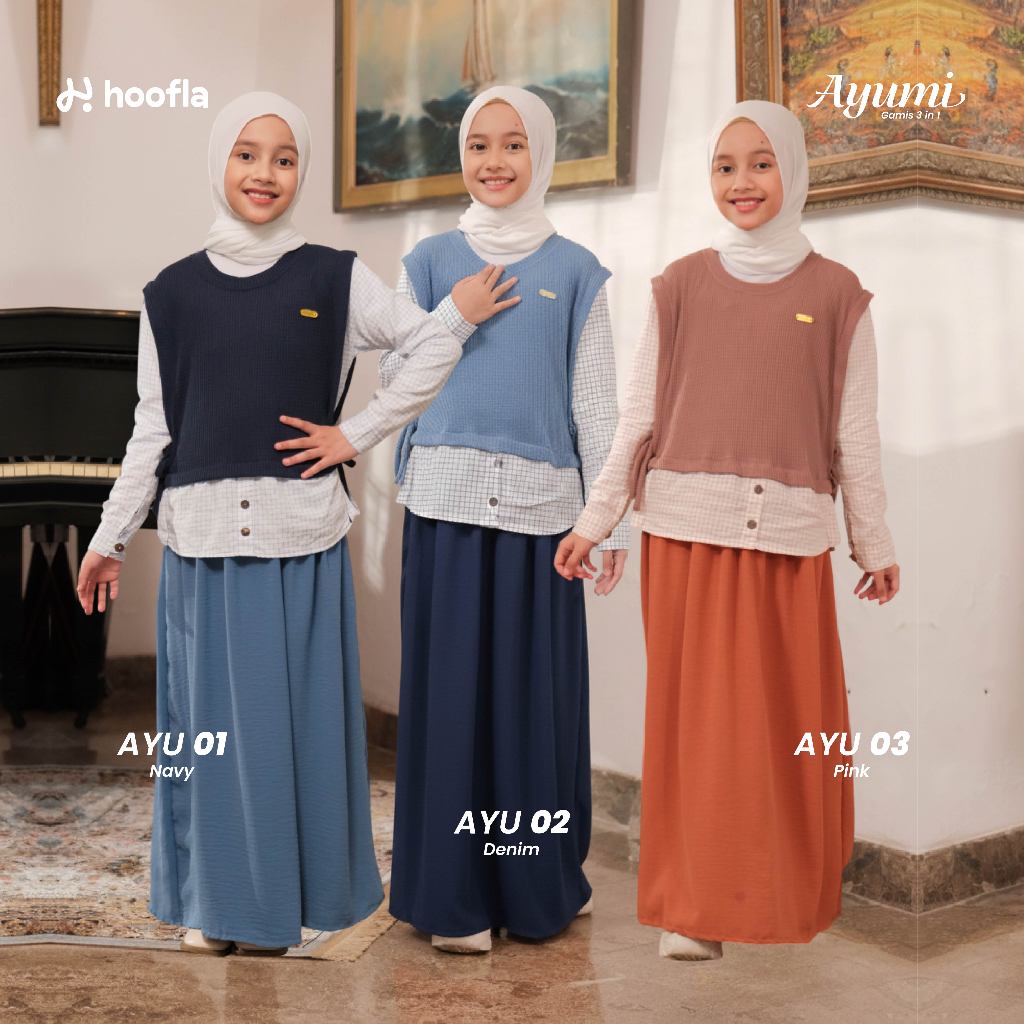 MOOYA Gamis Muslim 3in1 Anak Perempuan Cotton Crinkle Waffle Raya AYUMI 3-12 Tahun