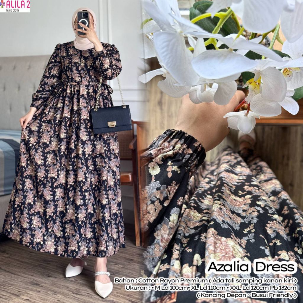 Baju Wanita ​Azalia Dress Gamis Cotton Rayon Premium Size M-XXL Motif Bunga - Gamis Busui Friendly L