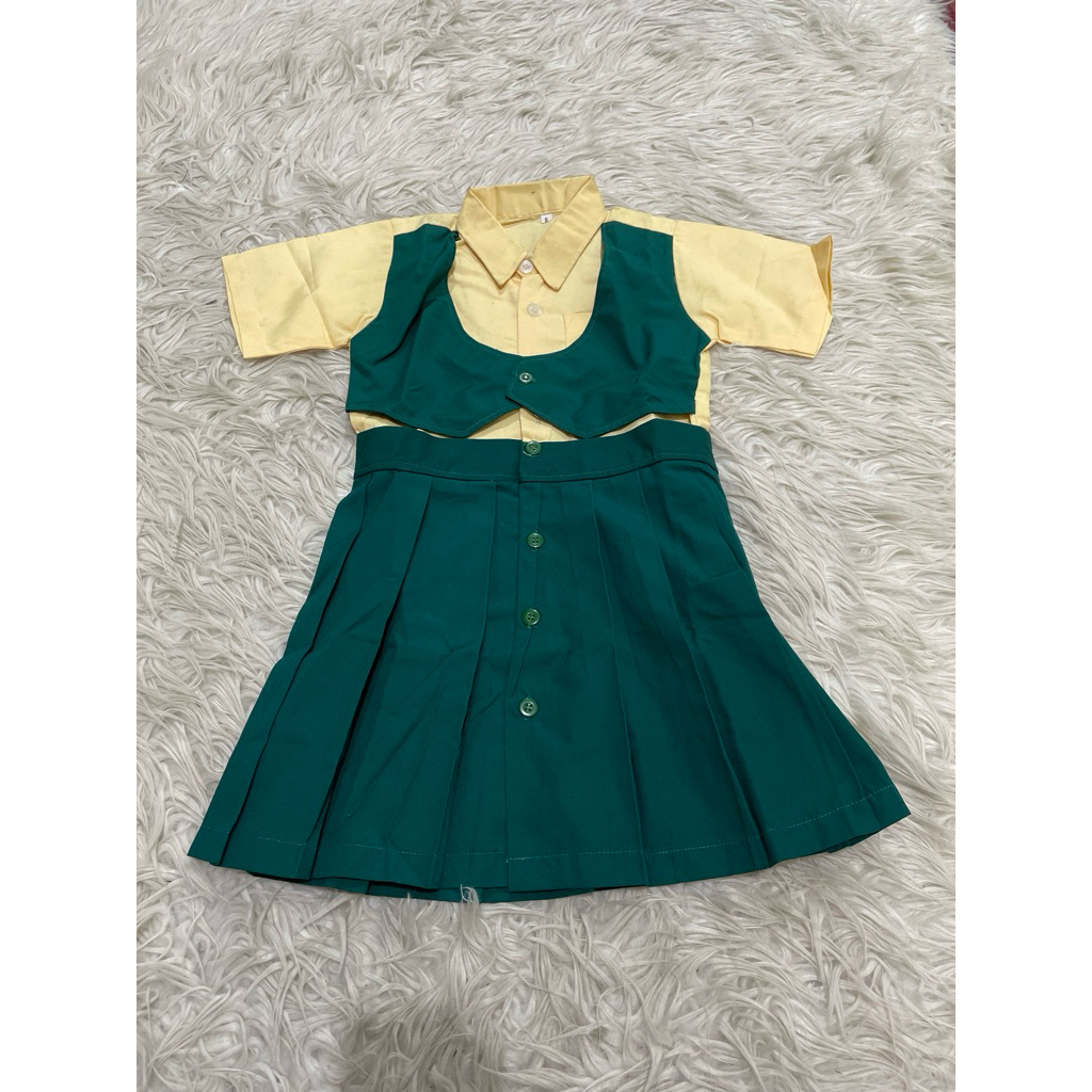 (Obral 2055) Seragam terusan TK kuning hijau bahan seragam