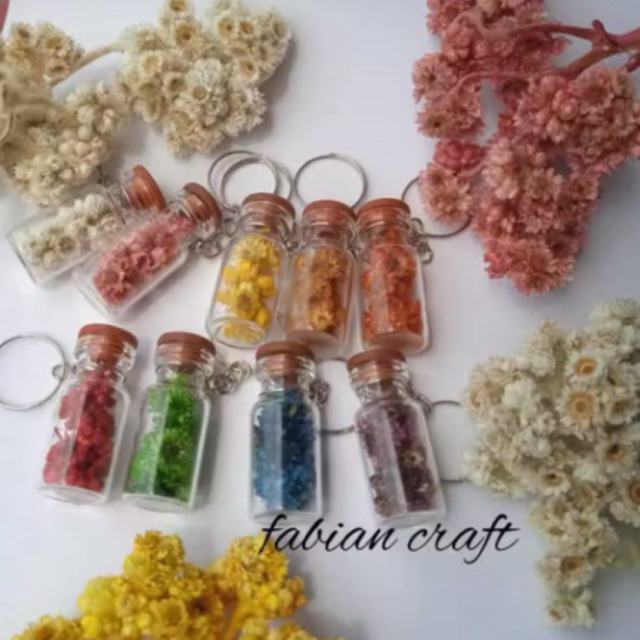 RS keychain edelweis tutup karet / gantungan kunci bunga kering / botol kaca / souvenir pernikahan /