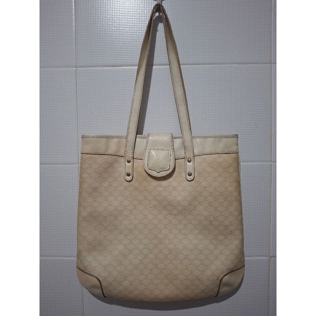 Celine Macadam Monogram Tote Leather Bag, vintage, white