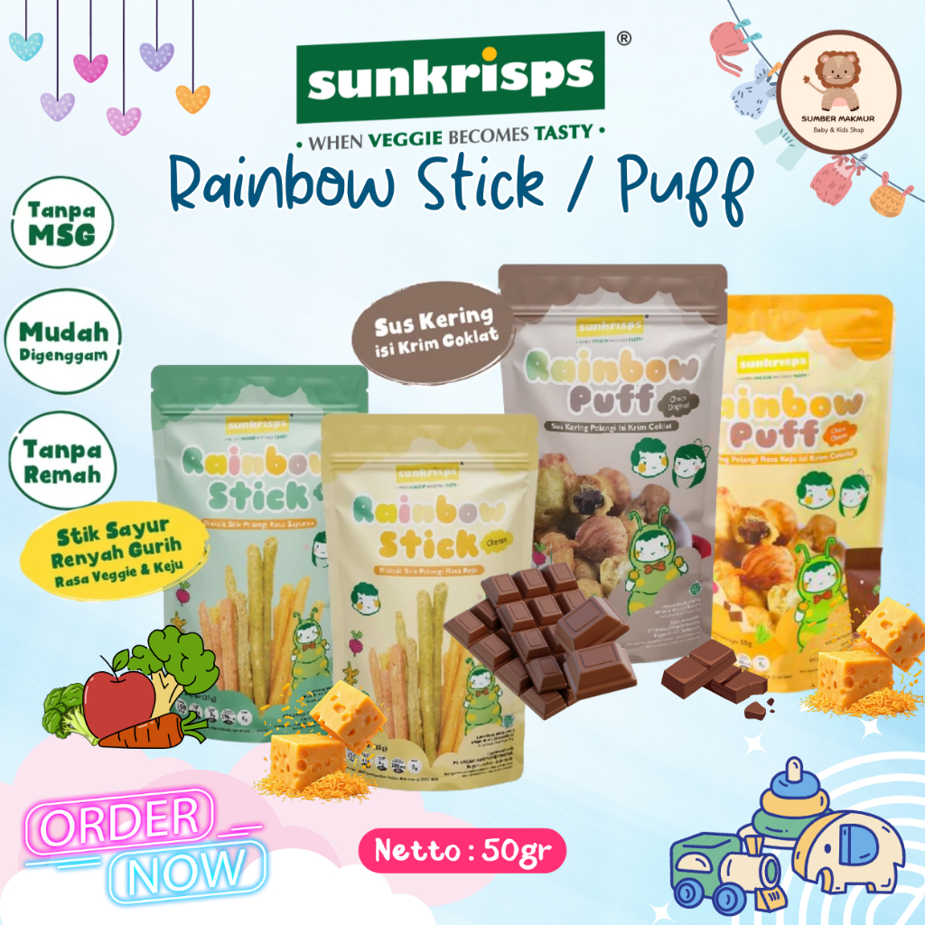Sunskrips Rainbow Stick Biskuit Stik Pelangi Rainbow Puff Sus Kering 50gr Snack Sehat Camilan Bayi T