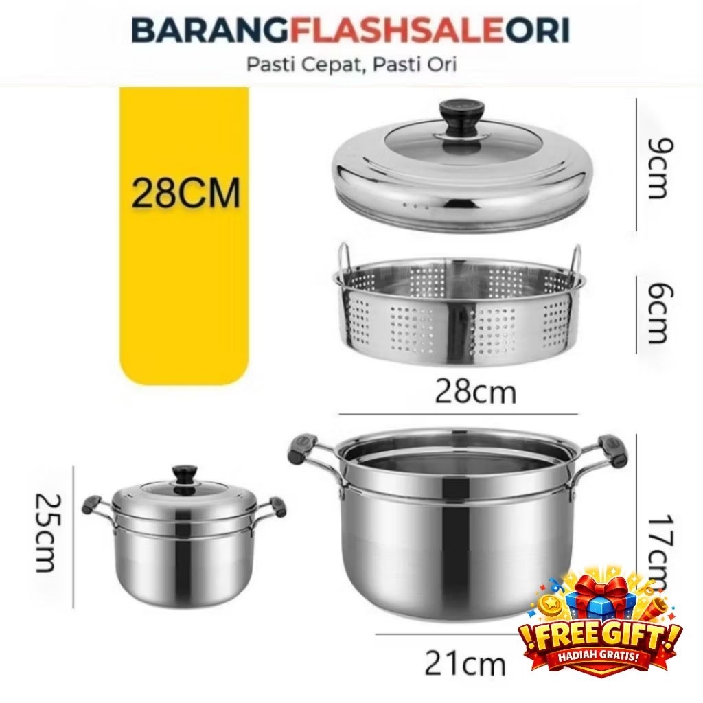 (NEW) Littlepolkadot Panci kukusan tutup kaca ukuran besar Panci Kukus 2 Susun Panci Kukus Stainless