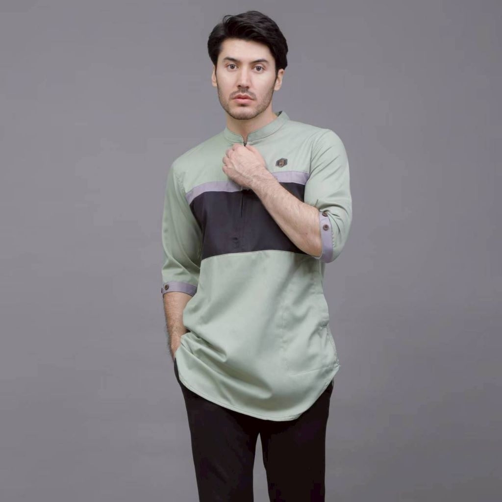 Kurta Pria Dewasa Warna Sage Green Motif Aplikasi Trimuji / Baju Koko / Fashion Muslim Pria