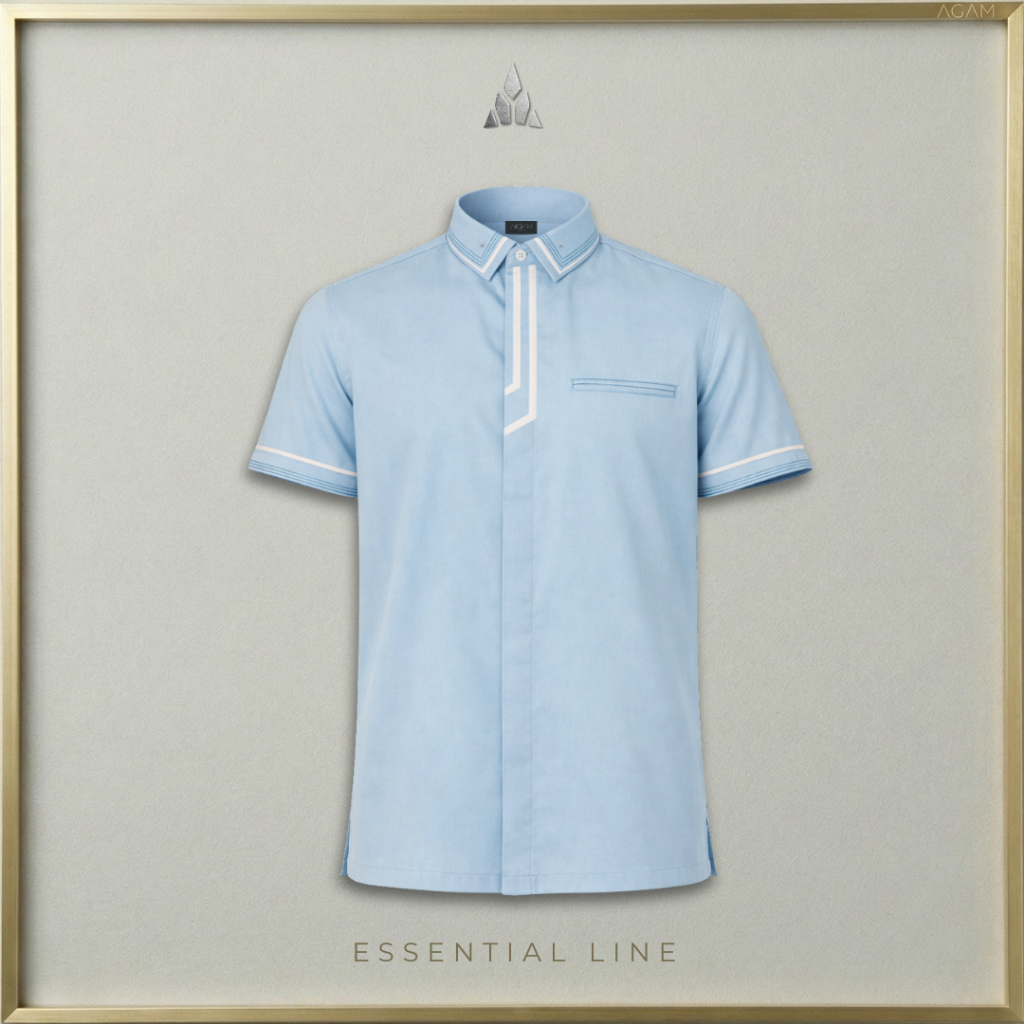 AGAM ESSENTIAL – Kemeja Pria Lengan Pendek Biru Muda -Navy - Putih Semi-Formal Cotton Blend List Ver