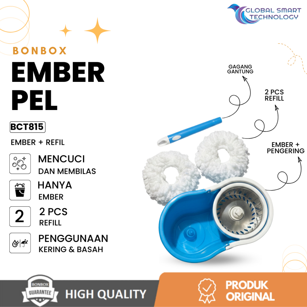 [EMBER + PENGIRING SAJA] BONBOX BCT815 Ember Pel Lantai Spinning Mop Cleaning + 2 Pcs Refil