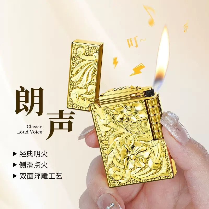 Korek Api Unik Keren Dupont Langsheng Klasik Denting Cling Emas Flower Pola Bunga Kembang Grafir Ret