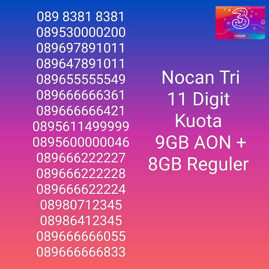 NOCAN Nomor Cantik 11 Digit Kartu Perdana 3 Tri Three 4G LTE Kuota 3GB REGULER