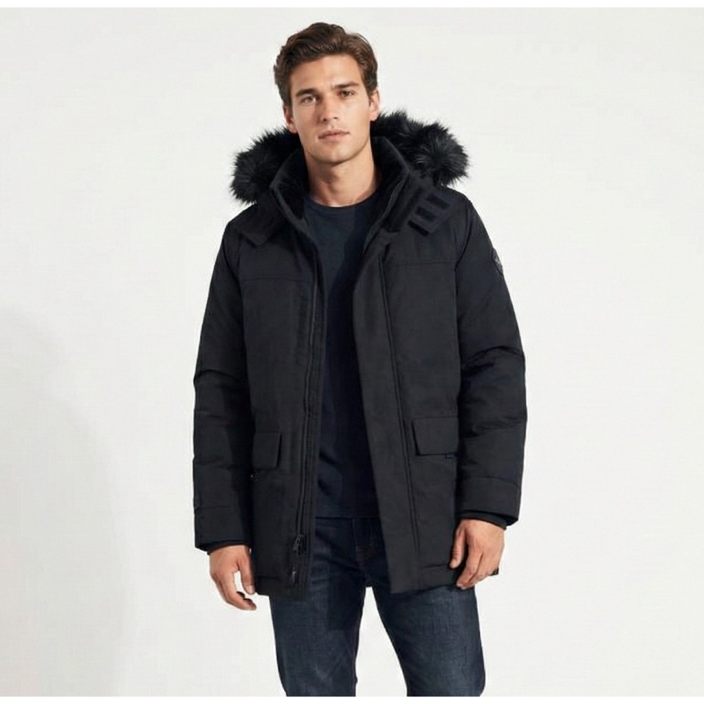 Jaket Pria Hollister Faux Fur Parka Jacket Black Original