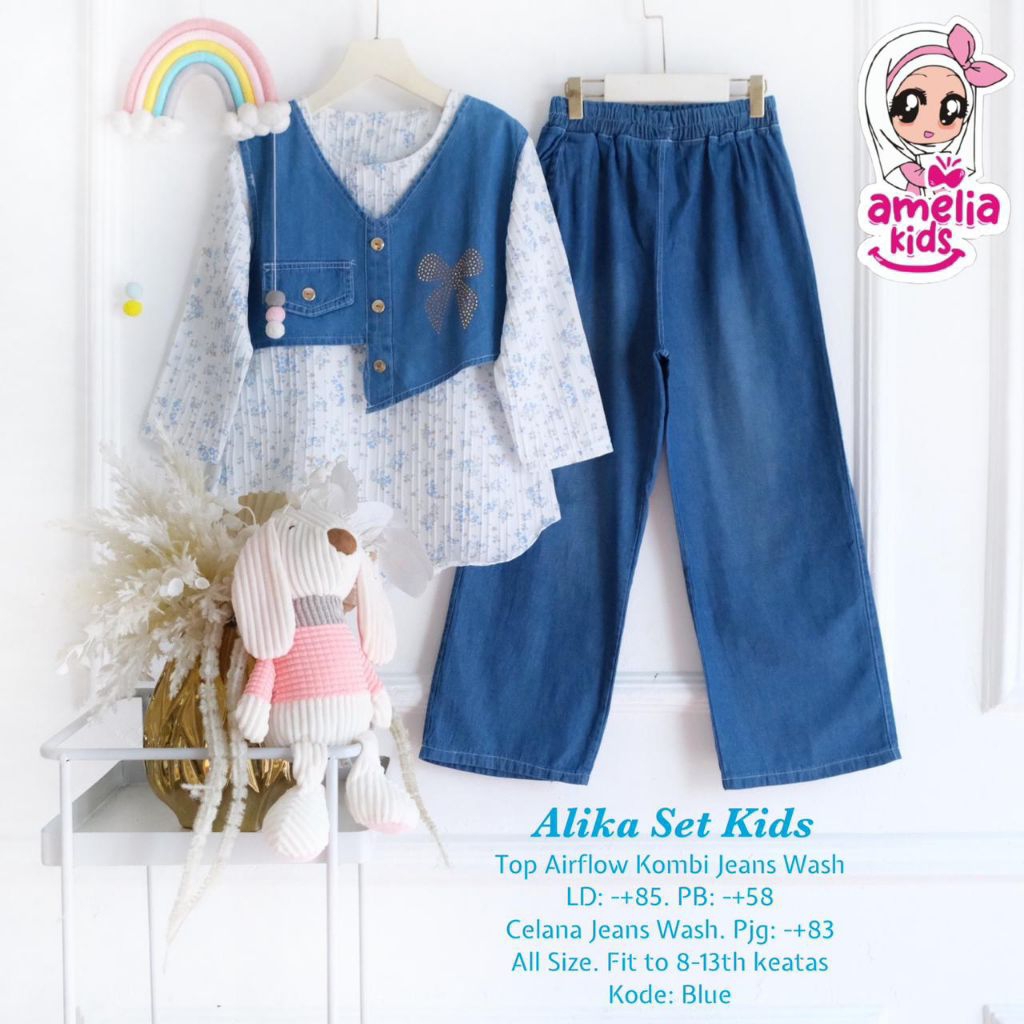 SETELAN ANAK ALIKA SET KIDS BAHAN AIRFLOW KOMBI JEANS SET CELANA USIA 8-13TAHUN BY AMELIA KIDS