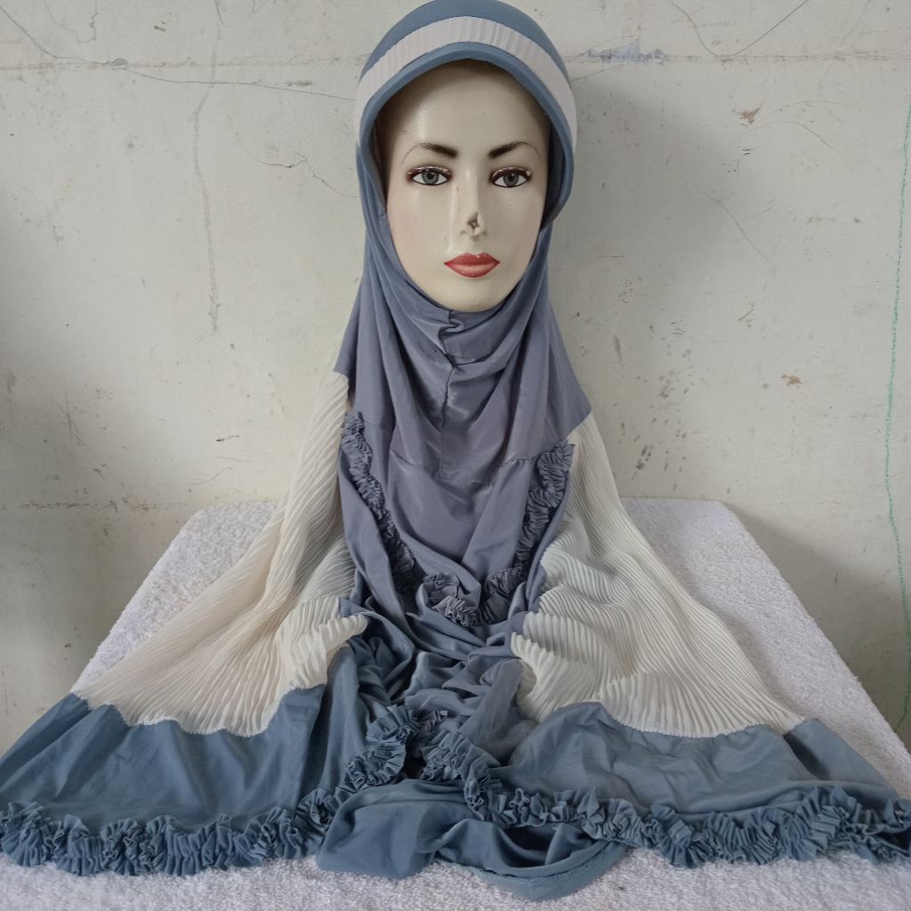 Jilbab instan jumbo lengan kombinasi jersey plisket cantik murah