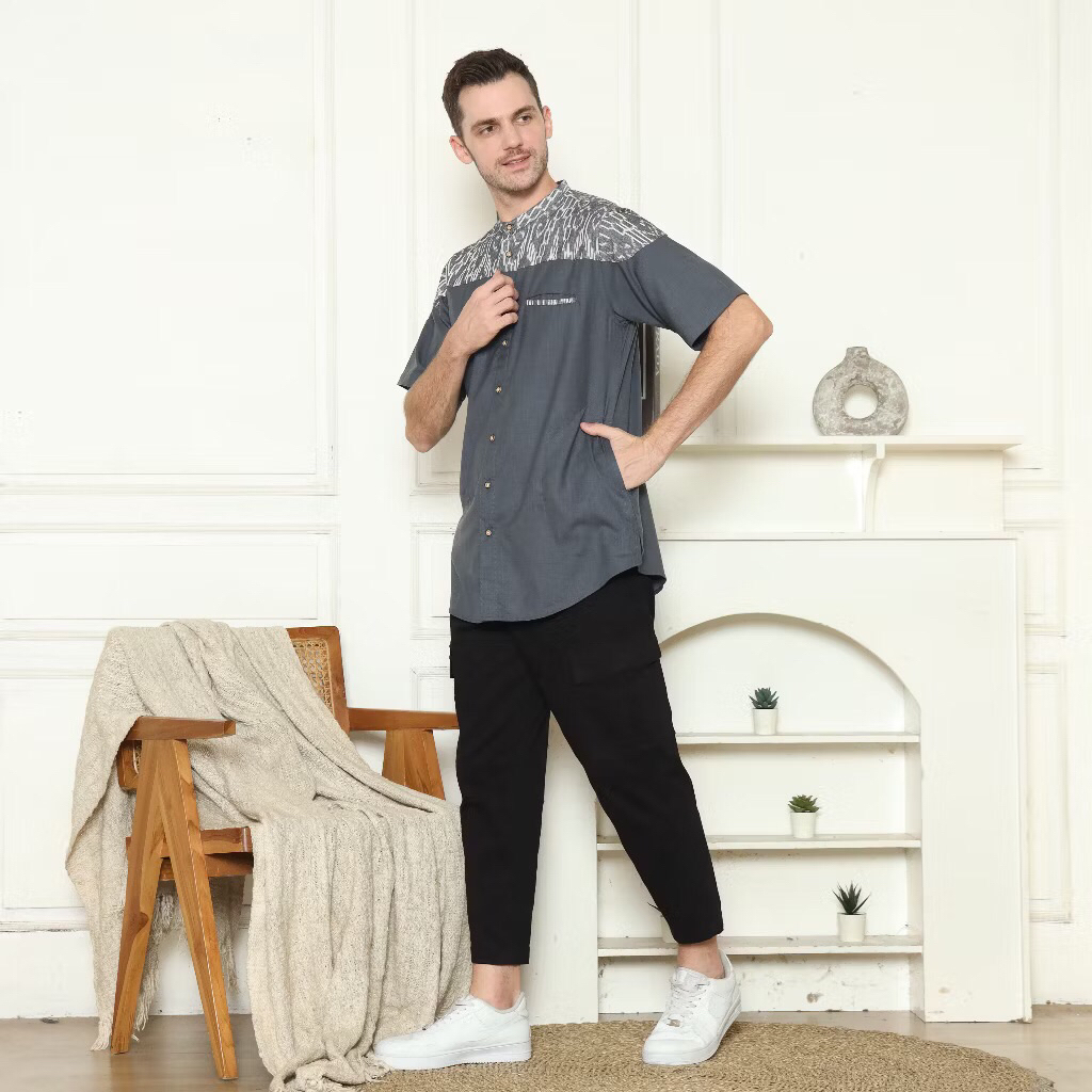 Baju Koko Fatih. Baju koko pria lengan pendek Abu Abu