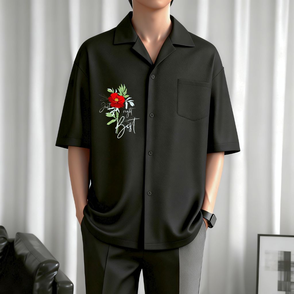 Kemeja Vintage Pria Lengan Pendek Motif Bunga Mawar Kemeja Pria Pantai Kemeja Hitam Pendek