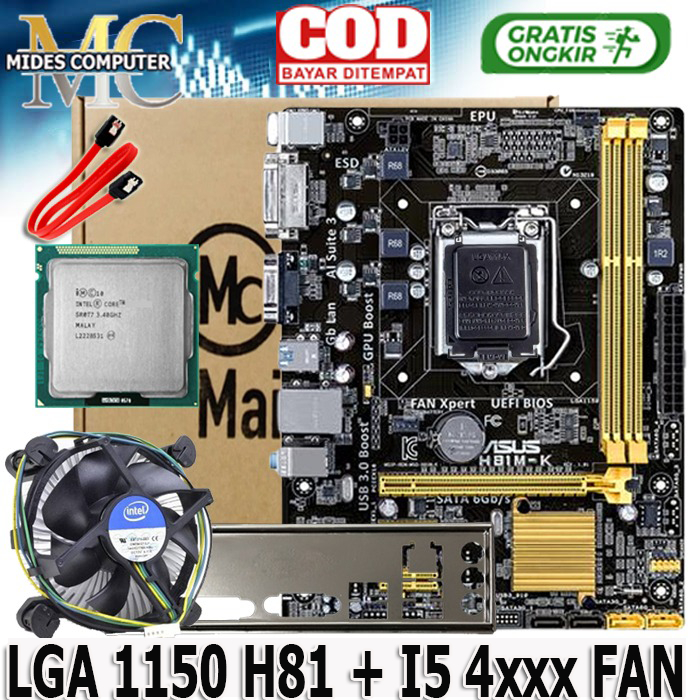 Mainboard Mobo h81 ddr3 LGA 1150 Plus Processor i5 GEN 4 fan intel