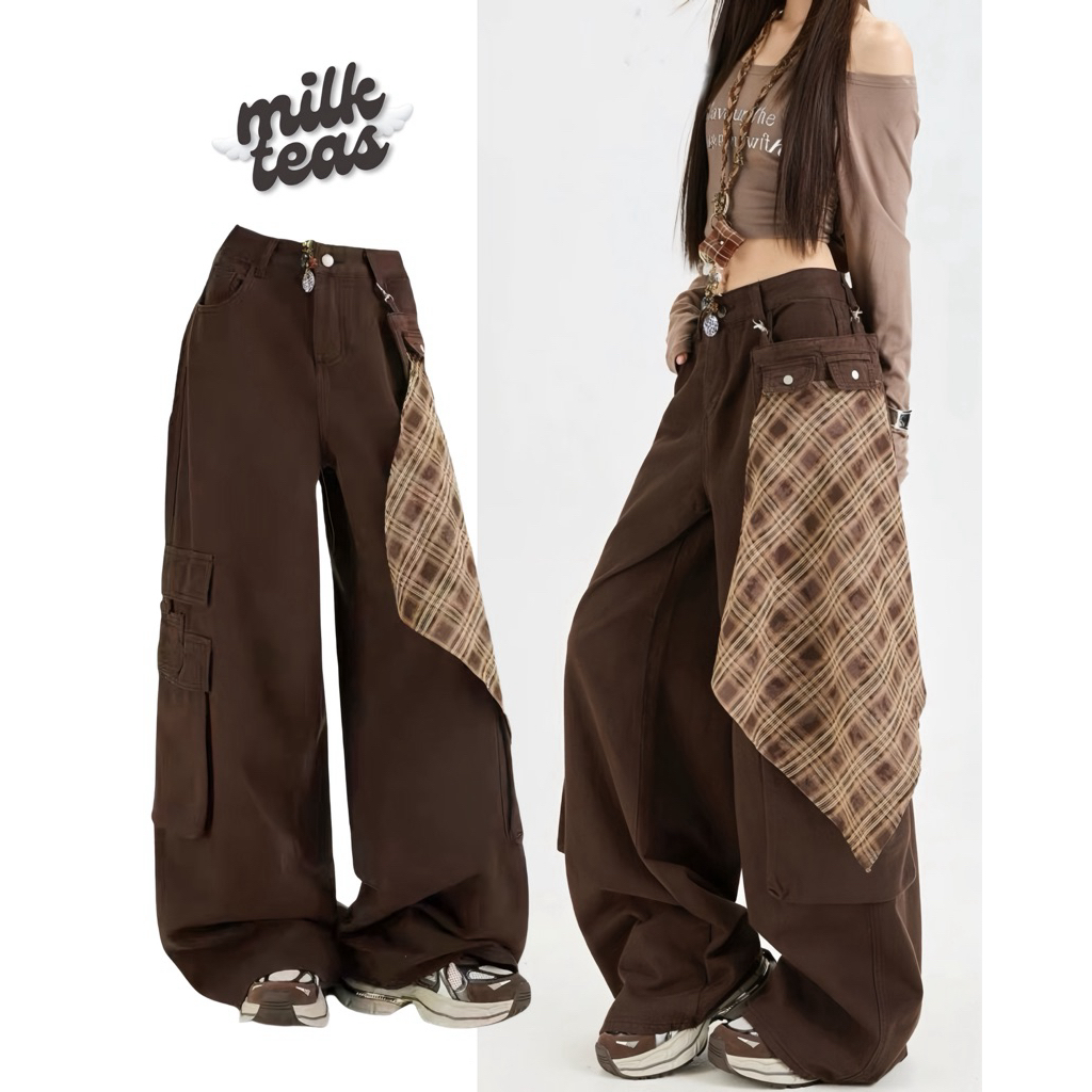 Blaire Brown Jeans | MILKTEAS | Celana Jeans Cokelat Wanita High Waist Baggy Oversize Jeans Plaid Br