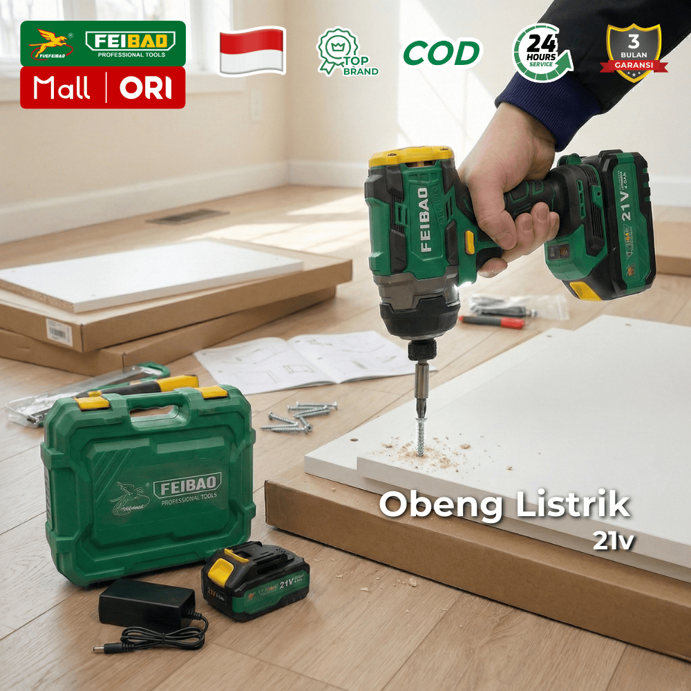 FEIBAO Obeng Bor Listrik 21v Daya Tinggi 230Nm Baterai 2.0Ah LED  Kualitas Terbaik Premium