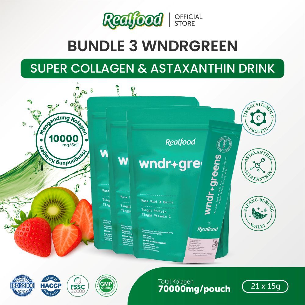 Realfood WNDRGREENS Triple Pouch Super 10,000mg Collagen Bird’s Nest Drink I Minuman Collagen dengan