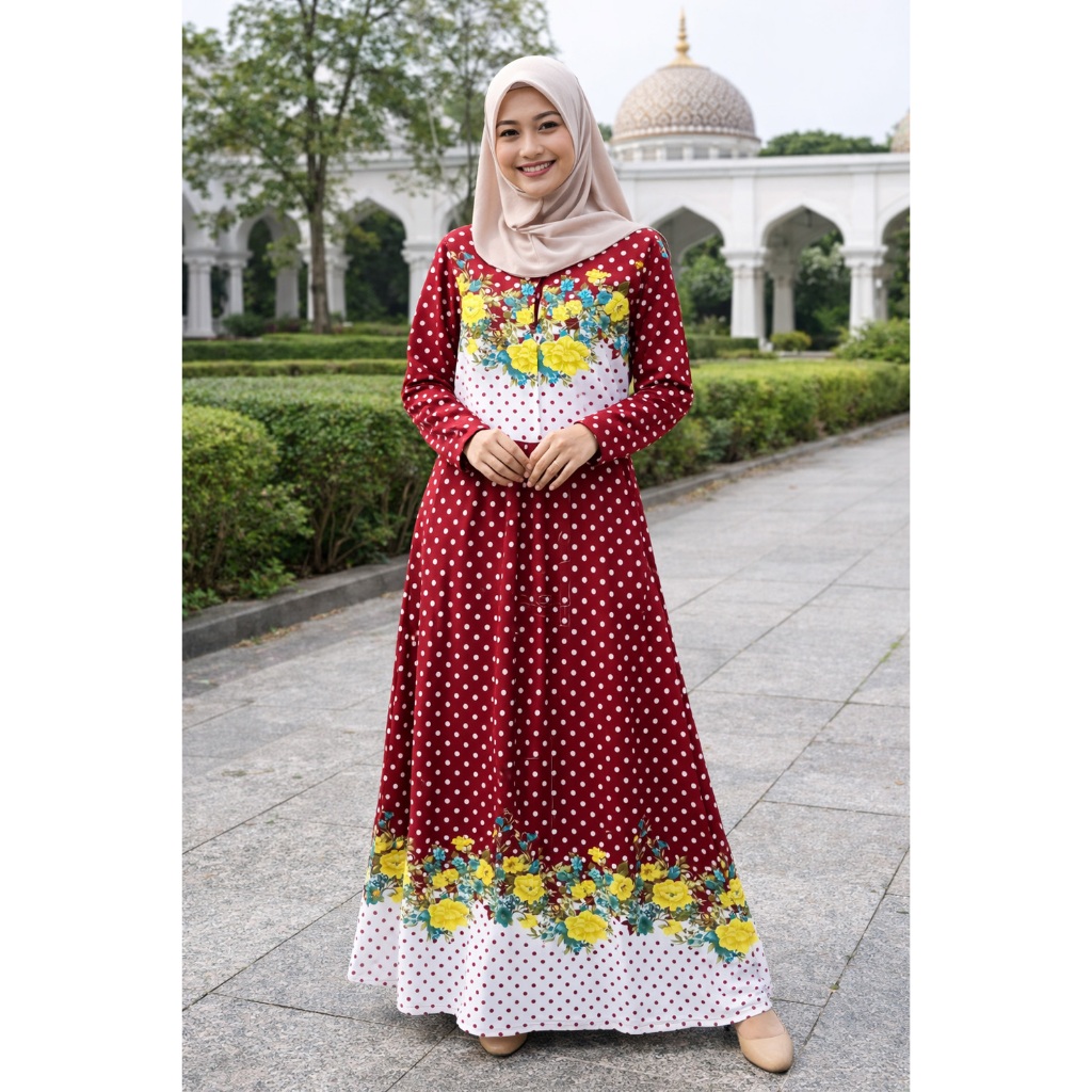 Gamis Spandek Lengan Panjang Motif Bunga Polkadot