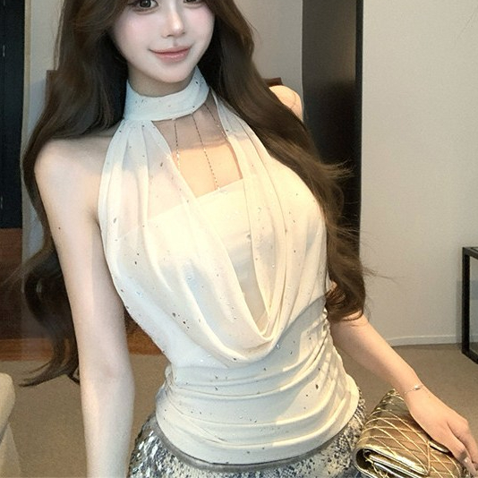Tank Top Atasan Wanita TTB-0871 Halter Drape Collar Rantai Slim Fit Backless Sexy Manis Mimon Home
