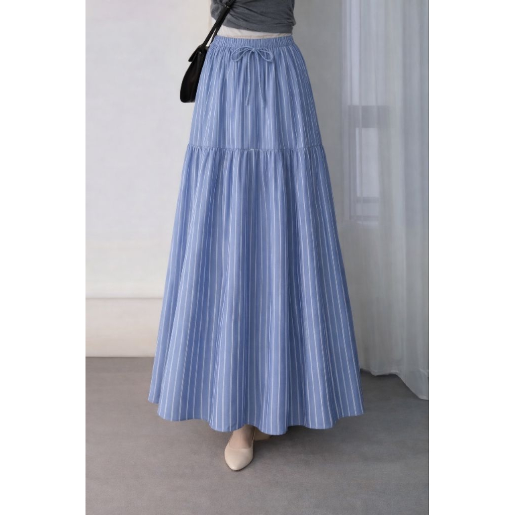 Sentosajaya_1 Yeorin Skirt Rok Panjang Katun Salur Wanita A-Line Pinggang Karet