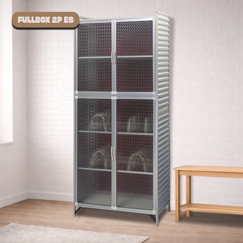 Lemari Rak Piring & Makanan Aluminium 2 Susun 4 Pintu – Kaca Riben / Kaca Es – 162cm