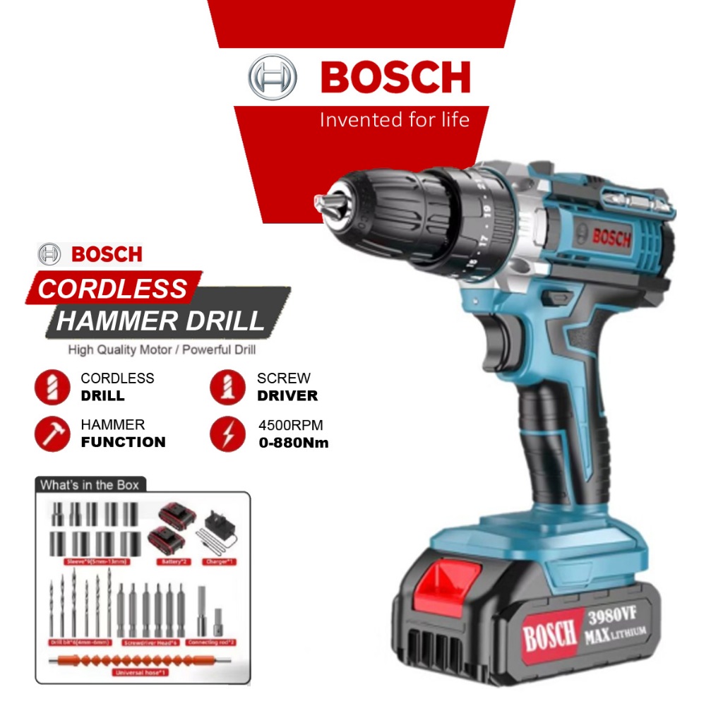 Bor Listrik Bosch Cordless 3980VF Impact Drill 3 Mode + 2 Baterai + 27pcs Aksesoris | Bor Tangan Tan