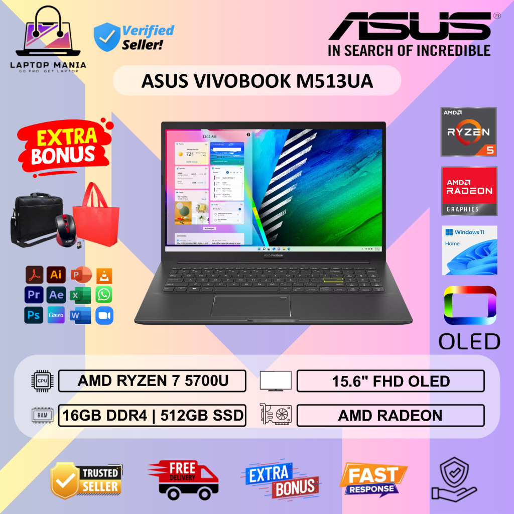 Laptop Asus Vivobook M513UA OLED AMD Ryzen 7 5700U 16GB 512GB SSD 15 Inch Windows 11 Home Black