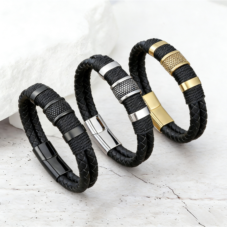 Gelang Kulit Asli Mewah Emas/Perak/Hitam untuk Pria dengan Pengait Magnetik Titanium yang Stylish, A