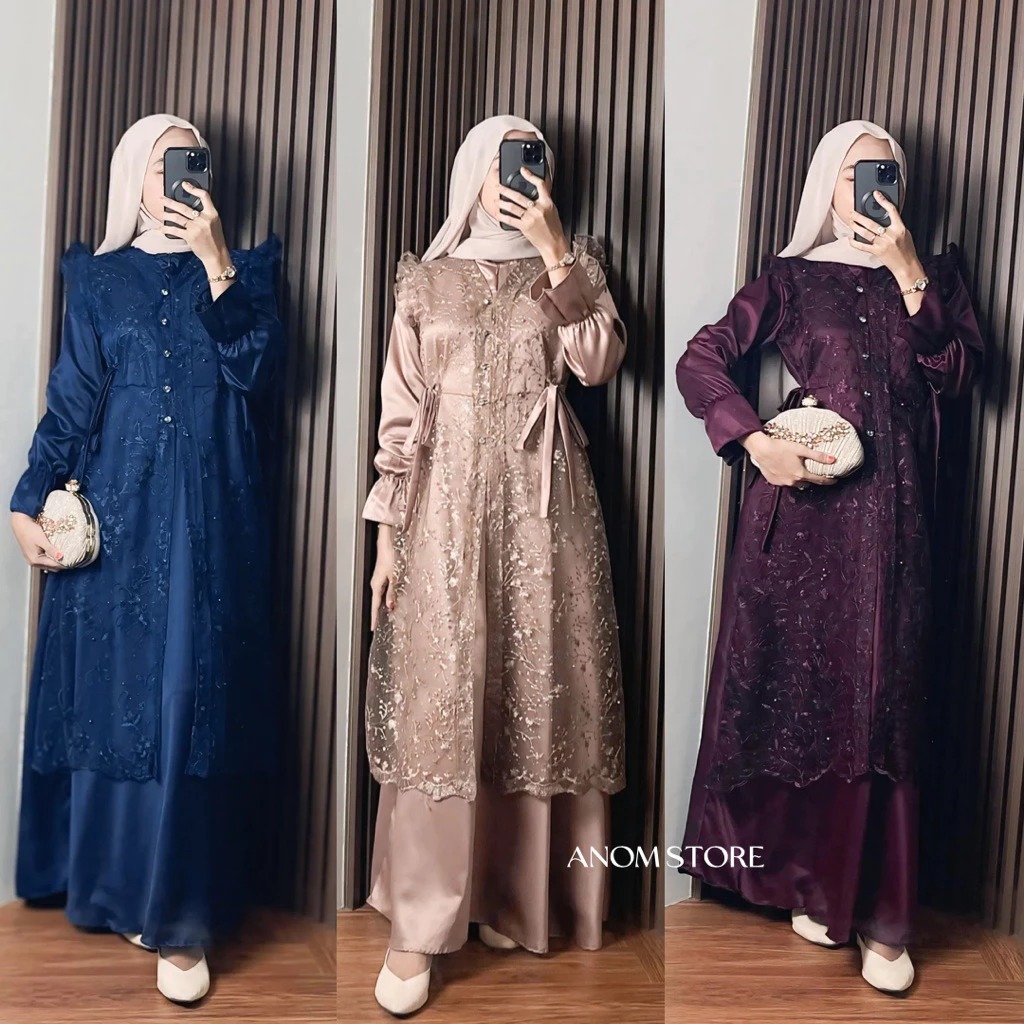 Jasmine Dress Brukat by anomstore - Satin Silk Brokat Semi Outer Mewah Elegan Simpel Gamis Kondangan
