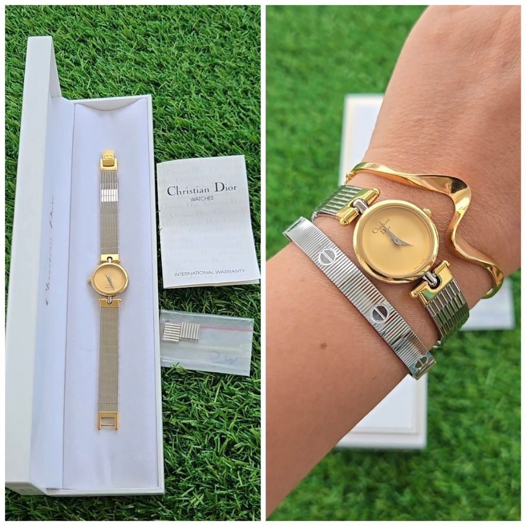 Complete Set C Dior 3025 Vintage Ladies Quartz Gold Tone Dial And Two Tone Bracelet