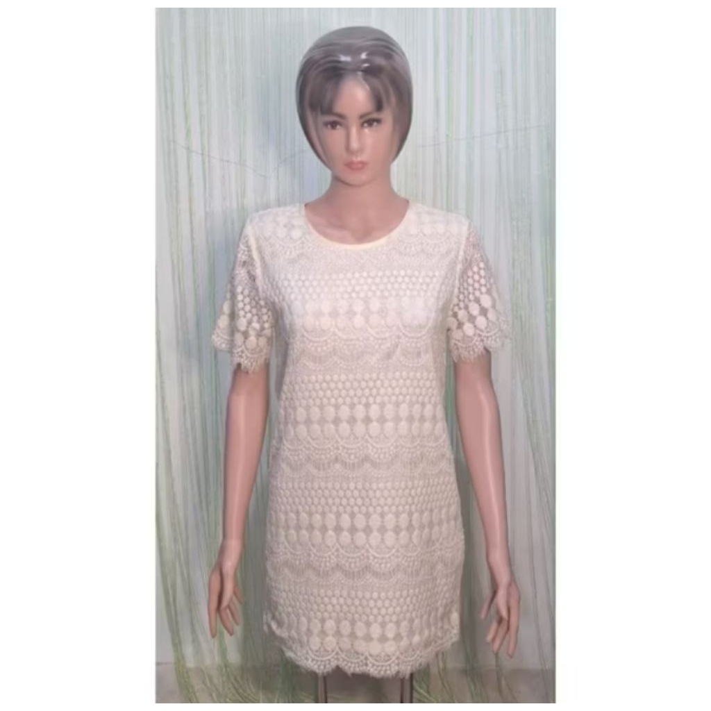 dress wanita brukat putih bw lengan pendek