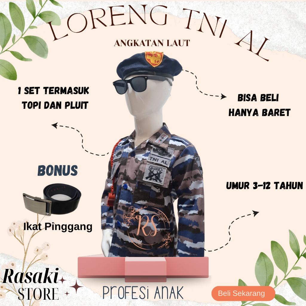 Seragam Profesi Anak TNI AL Loreng Bahan Tebal Lembut 6 Ukuran 3-12 Tahun Baju Setelan Seragam TNI A