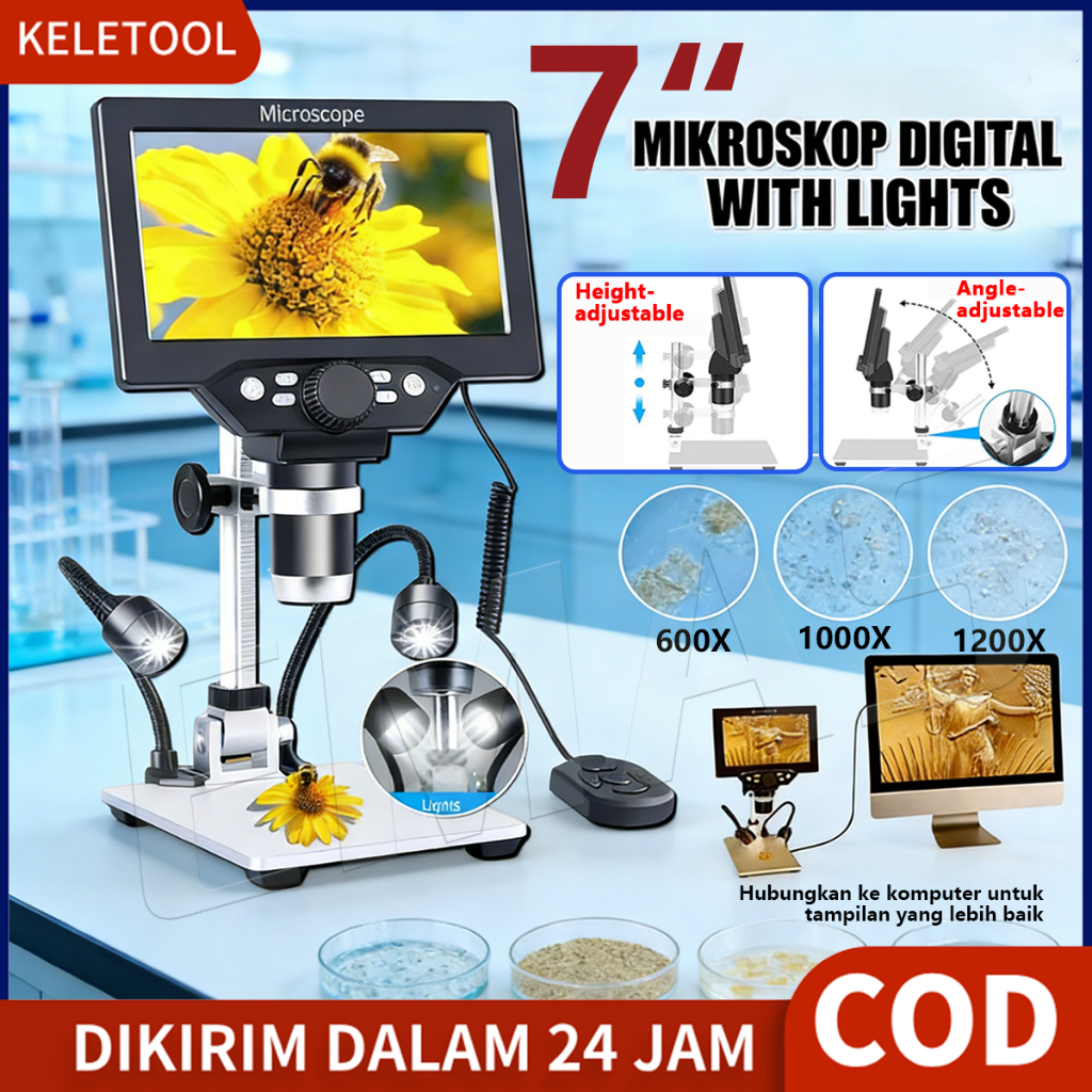 1200X 12MP 7 Inch HD Digital Microscope Electronic Video Microscop Kaca Pembesar Elektronik USB Port