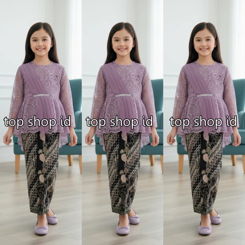 KEBAYA AURORA SELENDANG ANAK UMUR 5 - 12 TAHUN ROK PRISKET BATIK - KEBAYA ANAK KARTINI WARNA LILAC
