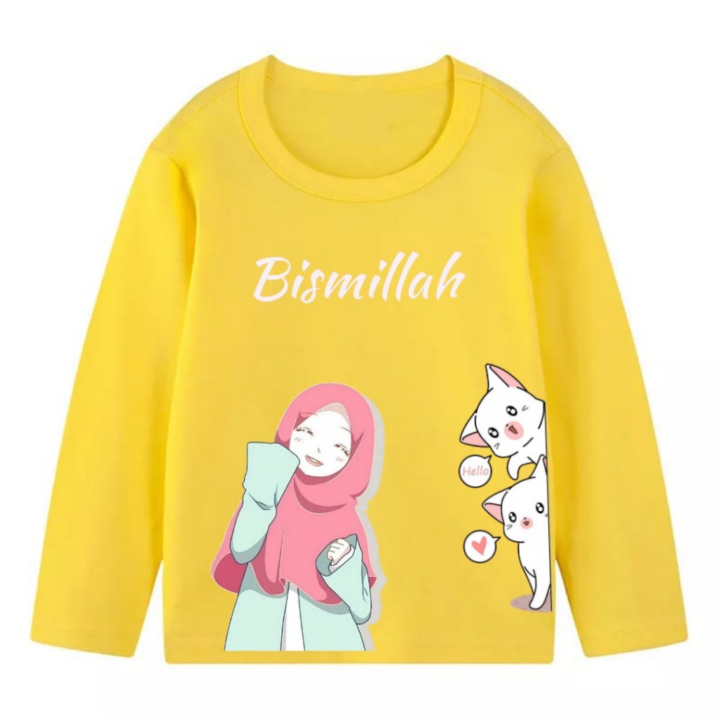 Atasan LP Anak Perempuan Baju Kaos Lengan Panjang Anak Cewek Motif Muslim Bissmillah Kuning