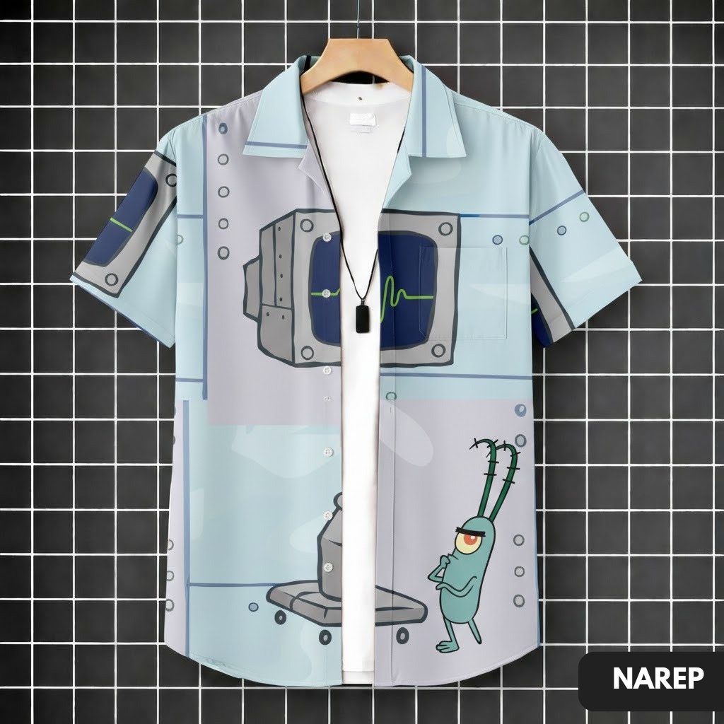 NAREP - Kemeja Pria Lengan Pendek Motif Plankton Kartun - Kemeja Pria Lengan Pendek Motif Terbaru