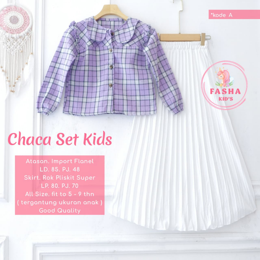 Setelan Baju Rok CHACA SET KIDS Original Fasha Kid's Set Rok Plisket Super Premium Bahan Import Flan