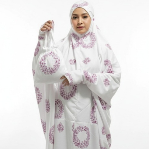 Mukenah Lajuran Santri Dewasa Printing Bras Motip Raisya Putih Katun Premium Adem Free Tas