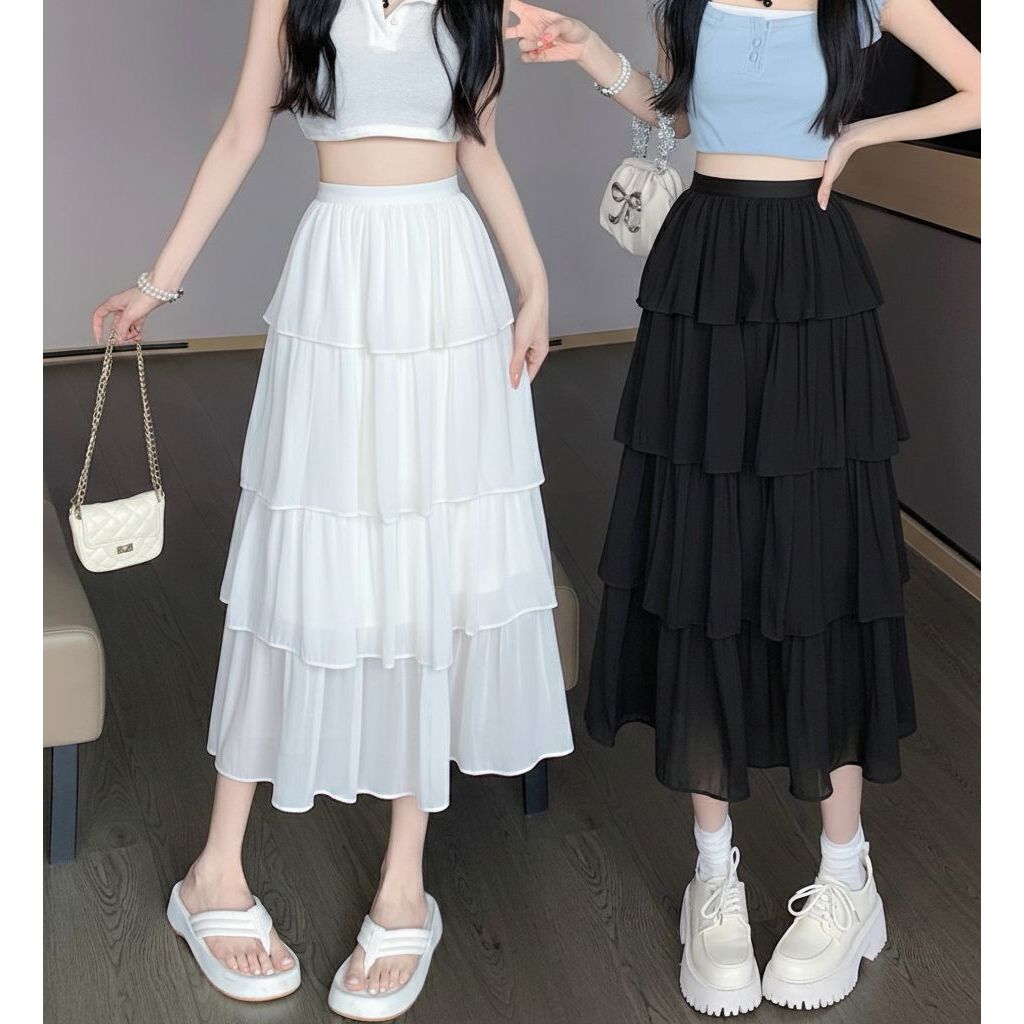 DEER FASHION - Rok LILY Ruffle Midi Skirt / Rok Wanita Renda Midi Susun Korean Style