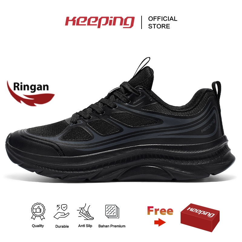 Keeping Sepatu Sneakers Pria Sepatu Ringan Cowok Lari Shoes Jogging Olahraga Hitam Polos KSL312