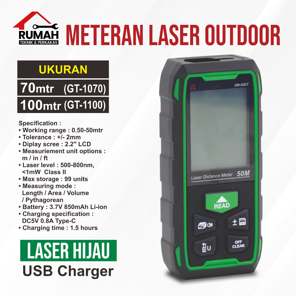 METERAN LASER HIJAU OUTDOOR (70/100 METER) ALDO / Meteran Green Laser Digital / Alat Ukur Jarak Lase